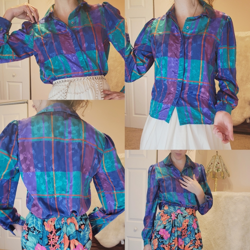 **Vintage Blue and Purple Plaid Button Down Blouse** - Picture 5 of 15